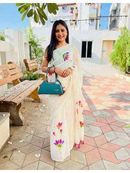 AMRUTKALA SAREES - White Linen Blend Floral Tassels Saree With Unstitched Blouse