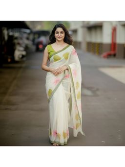 AMRUTKALA SAREES - White Linen Blend Floral Saree With Unstitched Blouse