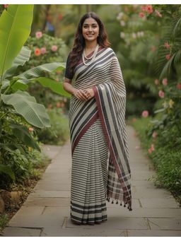 AMRUTKALA SAREES - Black Linen Blend Stripes Tassels Saree With Unstitched Blouse