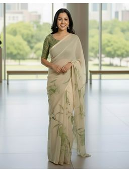 AMRUTKALA SAREES - Green Linen Blend Stripes Printed Saree With Unstitched Blouse