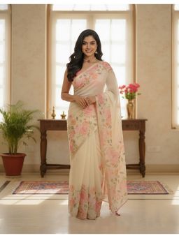 AMRUTKALA SAREES - Off White Linen Blend Floral Tassels Saree With Unstitched Blouse