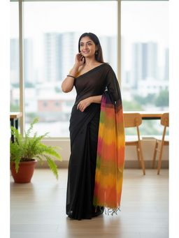 AMRUTKALA SAREES - Black Linen Blend Printed Tassels Saree With Unstitched Blouse