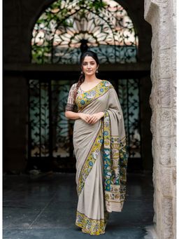 AMRUTKALA SAREES - Beige Linen Blend Floral Printed Saree With Unstitched Blouse