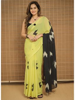 AMRUTKALA SAREES - Yellow Linen Blend Printed Tassels Saree With Unstitched Blouse