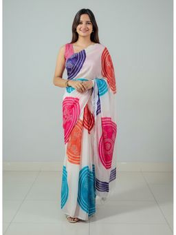 AMRUTKALA SAREES - White Linen Blend Printed Tassels Saree With Unstitched Blouse