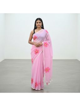 AMRUTKALA SAREES - Pink Linen Blend Floral Tassels Saree With Unstitched Blouse