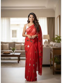 AMRUTKALA SAREES - Red Linen Blend Printed Saree With Unstitched Blouse