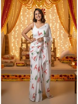 AMRUTKALA SAREES - White Linen Printed Saree With Unstitched Blouse