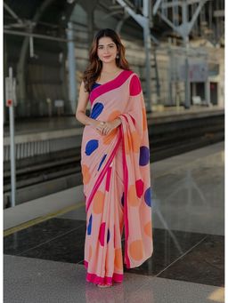 AMRUTKALA SAREES - Peach Linen Blend Polka Dots Printed Saree With Unstitched Blouse