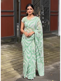 AMRUTKALA SAREES - Green Linen Blend Abstract Printed Saree With Unstitched Blouse
