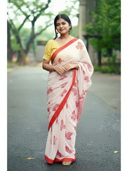 AMRUTKALA SAREES - White Linen Blend Printed Saree With Unstitched Blouse