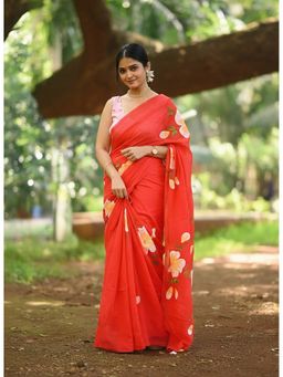 AMRUTKALA SAREES - Orange Linen Blend Floral Saree With Unstitched Blouse