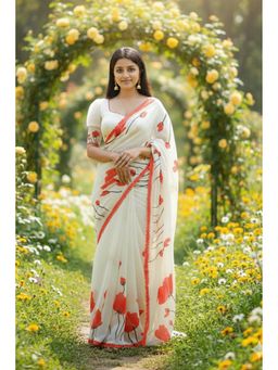 AMRUTKALA SAREES - Orange Linen Blend Floral Tassels Saree With Unstitched Blouse