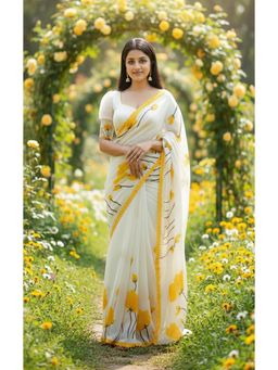 AMRUTKALA SAREES - Yellow Linen Blend Floral Tassels Saree With Unstitched Blouse