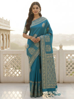 Akhilam - Women Silk Blend Woven Saree with Unstitched Blouse