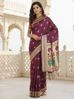 Akhilam - Women Silk Blend Wine Woven Saree with Unstitched Blouse