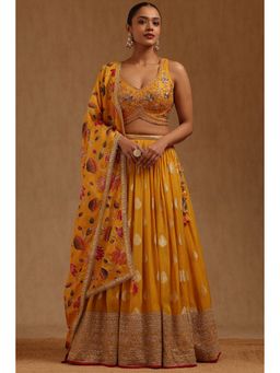 Soch - Rayon Embroidered Mustard Lehenga with Choli and Dupatta and Unstitched Sleeves