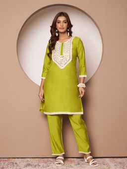 Poshak Hub - Women Mirror Work Olive Co-Ord Set