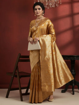Akhilam - Women Silk Blend Mustard Woven Saree with Unstitched Blouse