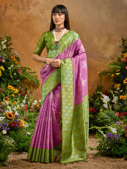 Akhilam - Women Purple Cotton Blend Woven Saree with Unstitched Blouse