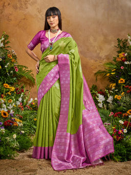 Akhilam - Women Green Cotton Blend Green Woven Saree with Unstitched Blouse