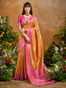 Akhilam - Women Cotton Blend Orange Woven Saree with Unstitched Blouse