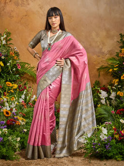Akhilam - Women Cotton Blend Woven Pink Saree with Unstitched Blouse