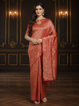 Akhilam - Women Silk Blend Red Woven Saree with Unstitched Blouse