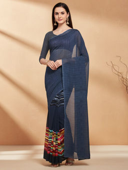 Akhilam - Women Georgette Navy Blue Printed Saree with Unstitched Blouse