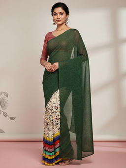 Akhilam - Women Georgette Green Printed Saree with Unstitched Blouse
