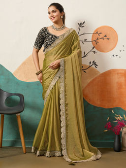 Sareemall - Women Organza Embellished Designer Olive Saree with Unstitched Blouse