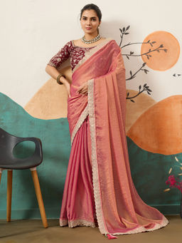 Sareemall - Women Organza Embellished Rose Gold Saree with Unstitched Blouse