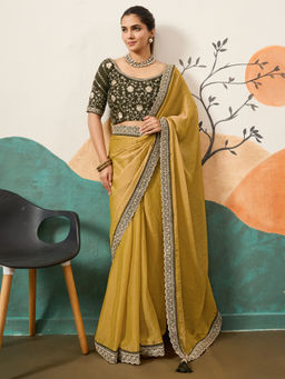 Sareemall - Women Organza Embellished Designer Mustard Saree with Unstitched Blouse