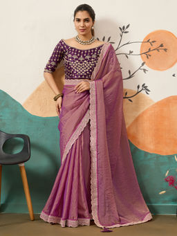 Sareemall - Women Organza Embellished Designer Mauve Saree with Unstitched Blouse