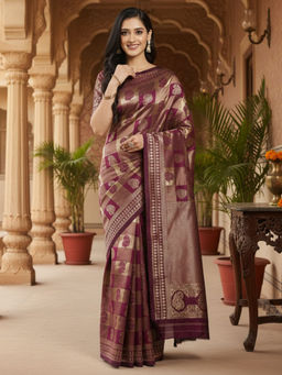 Akhilam - Women Silk Blend Purple Woven Saree with Unstitched Blouse
