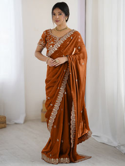 Sareemall - Women Pure Georgette Embellished Rust Saree with Unstitched Blouse