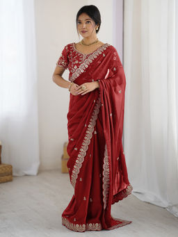Sareemall - Women Pure Georgette Embellished Red Saree with Unstitched Blouse