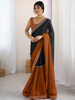 Sareemall - Women Pure Georgette Half and Half Black Saree with Unstitched Blouse