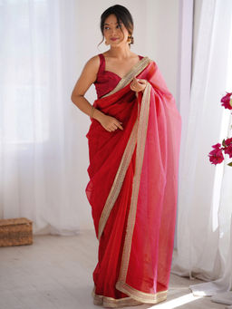 Sareemall - Women Net Embellished Designer Red Saree with Unstitched Blouse