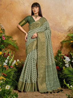 Akhilam - Women Viscose Green Woven Saree with Unstitched Blouse