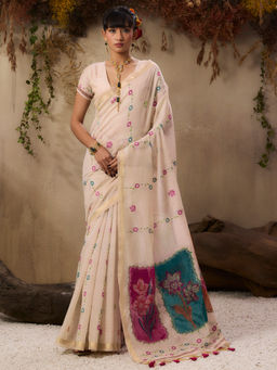 Akhilam - Women Cotton Blend Off White Woven Saree with Unstitched Blouse