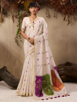 Akhilam - Women Cotton Blend Woven Off White Saree with Unstitched Blouse