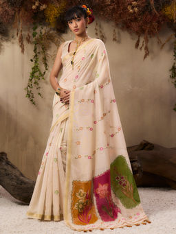 Akhilam - Cotton Blend Off White Woven Saree with Unstitched Blouse