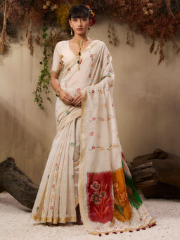 Akhilam - Off White Cotton Blend Woven Saree with Unstitched Blouse