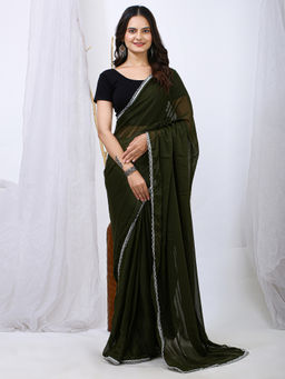Akhilam - Women Georgette Green Saree with Unstitched Blouse