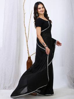 Akhilam - Women Georgette Black Saree with Unstitched Blouse