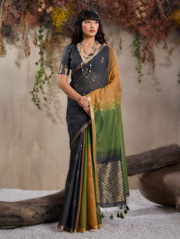 Akhilam - Women Silk Blend Multicoloured Woven Saree with Unstitched Blouse