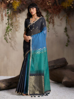 Akhilam - Women Silk Blend Blue Woven Saree with Unstitched Blouse