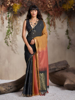 Akhilam - Women Silk Blend Multi-Colour Woven Saree with Unstitched Blouse