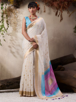 Akhilam - Women Cotton Blend Off White Woven Saree with Unstitched Blouse